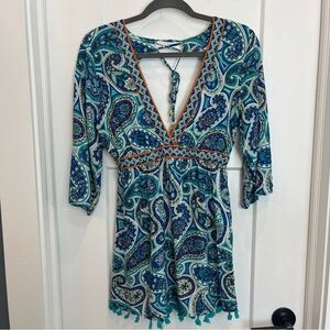 Trina‎ Turk Provence Floral Paisley Resort Pom Pom Cut Out Swim Mini Dress No Sz